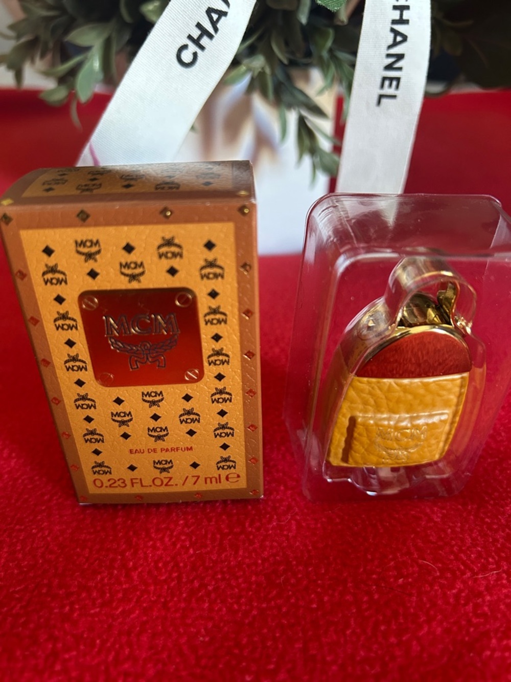 MCM Gold and Yellow Mini Eau de Parfum with Leather Keychain Bottle